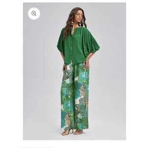 Rich Radi Qi's Elastic Waist Floral Print Ramie Pants L Green Paisley Chic $289